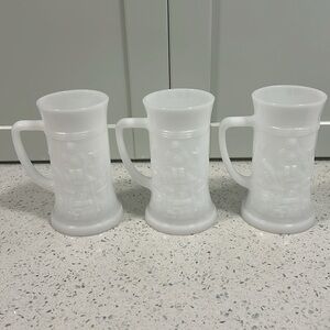 Vintage FEDERAL Milk Glass Beer Stein Mugs x 3 | Embossed Tavern Scene | 6" Tall